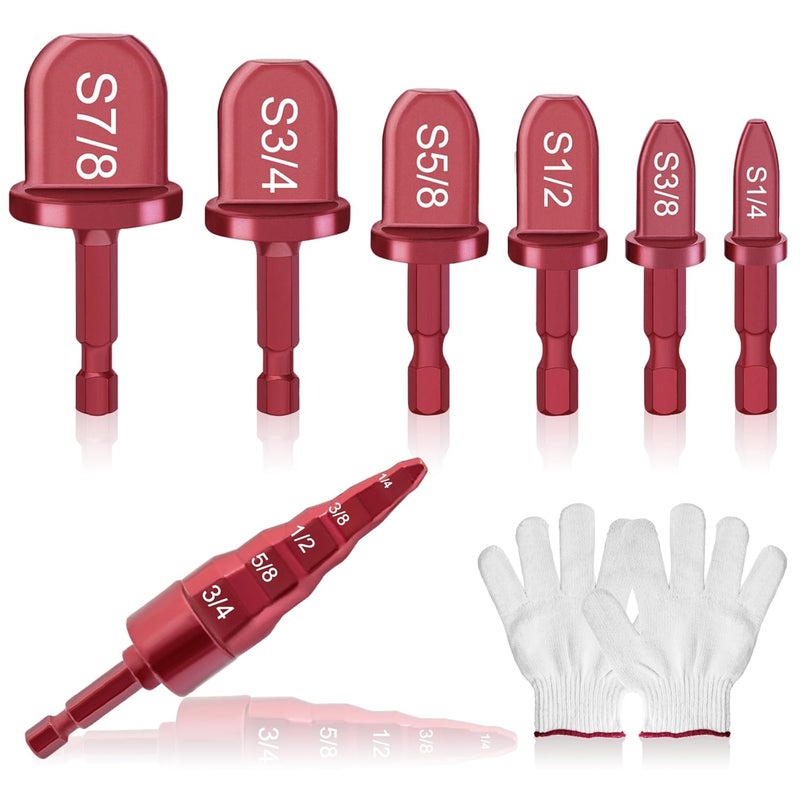 Hakkin Swaging Tool Drill Bits, 8PCS HVAC Repairing Tools with 5 in 1 Copper Tube Expander 1/4'', 3/8'',1/2'',5/8'',3/4'',7/8'' Bits Set, Hex Shank Copper Pipe Expander Flaring Tool with Tool Gloves - Image 1